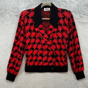 VTG St. John Women's 4 Red Black Houndstooth Knit Cardigan Jacket Shoulder Pads